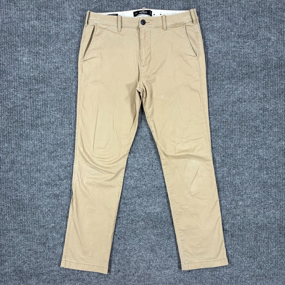 Hollister Slim Straight Chino Pants Mens Size‎ 33x32 Beige Flat Front Epic Flex